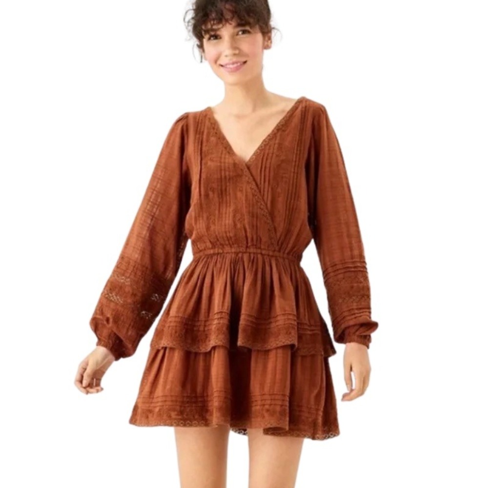 American Eagle Rust Brown Embroidered Lace Trim Tiered Mini Dress NWT Size M